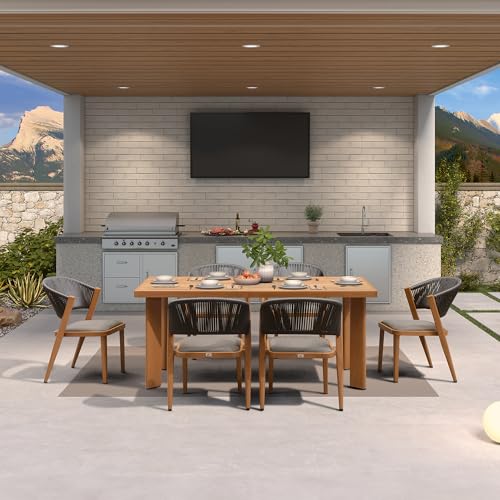 Image of PURPLE LEAF Outdoor Dining Set for 6 with HPL Table and Chairs Deep Teak