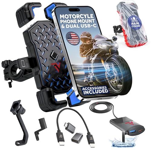 Motorcycle Phone Mount with 12V Dual USB-C Cell Phone Charger/from TV Sport Cycle Accessories / 1s Speed Phone Holder and Rapid USB-C Charger Waterproof Port/Mirror Mount & Rain Cover Included