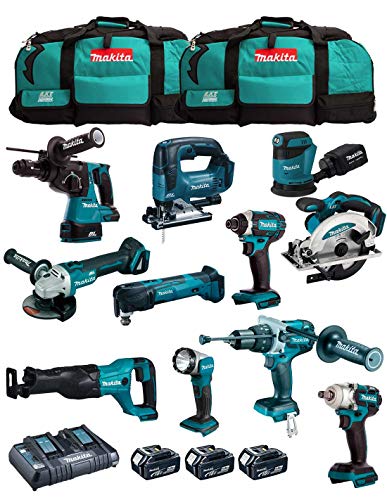 MAKITA Kit MK1102 (DHP481 + DHR243 + DGA504 + DTD152 + DJV182 + DSS610 + DJR186 + DBO180 + DTM51 + DML802 + DTW285 + 3 Batteries de 5,0 Ah + Chargeur + 2 x...