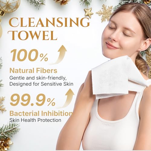 Image of Christmas Disposable Face Towels XL, 50 Count | Ultra Soft Makeup Remover Dry Wipes for Sensitive Skin, Magnetic Gift Box, Stocking Stuffers for Women