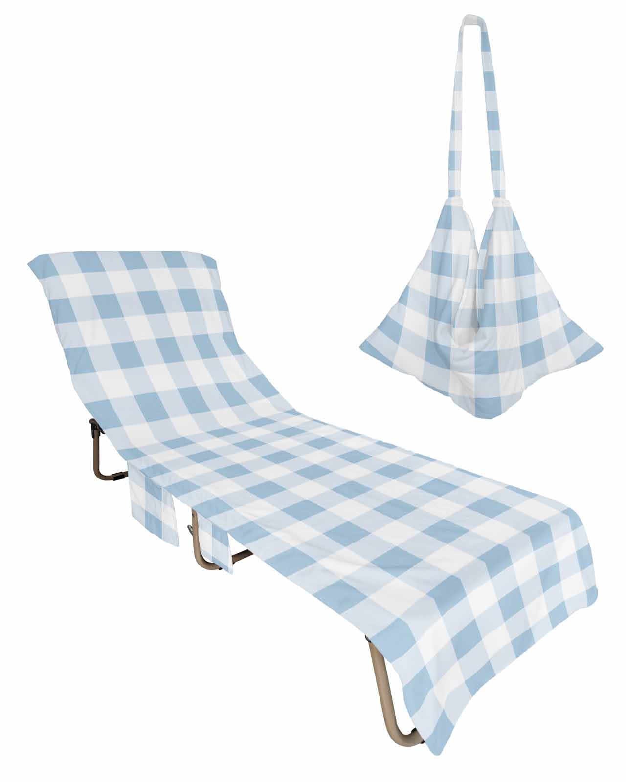 Buffalo Plaid Blue Beach Chair Towel Covers for Chaise Lounge with Side Pocket, Soft Plush Pool Towels Cover for Patio Sunbathing Outdoor 29''x85'' Country French Simple White Lattice