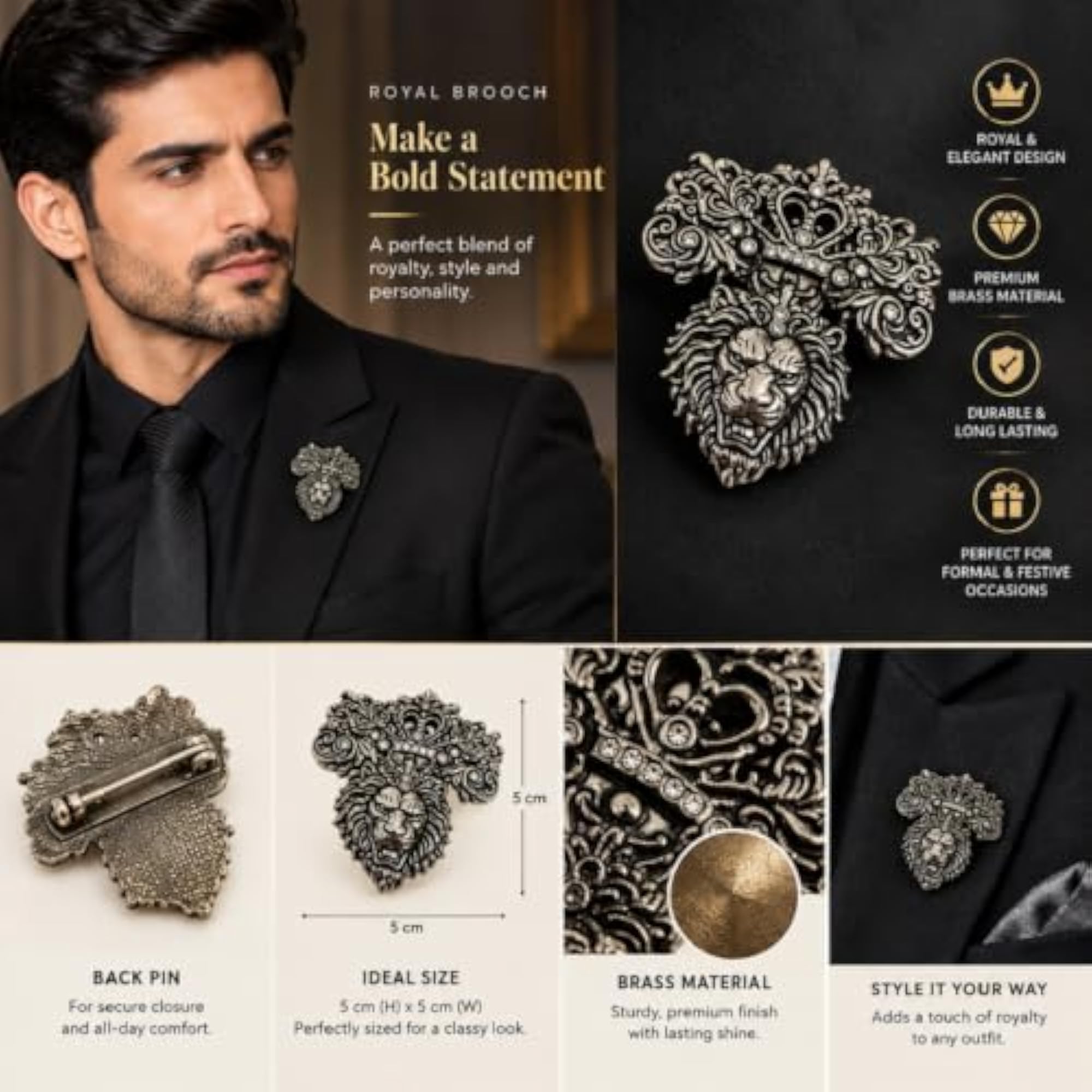 Royal Vintage Lapel Pin, Elegant Accessory for Men