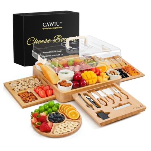 CAWIU Large Bamboo Charcuterie Board Set with Lid, Drawers, Cream