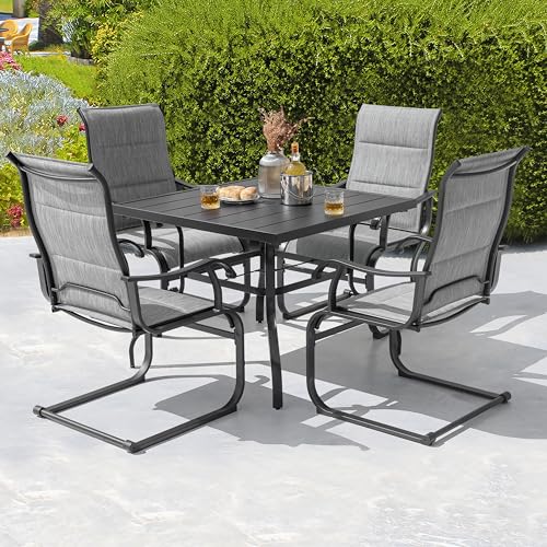 Image of NUU GARDEN 5 Piece Outdoor Dining Set, All Weather Outdoor Padded Textilene Patio Chairs and Square Dining Table with Umbrella Hole for Backyard, Patio, Garden, Deck, Light Grey and Black