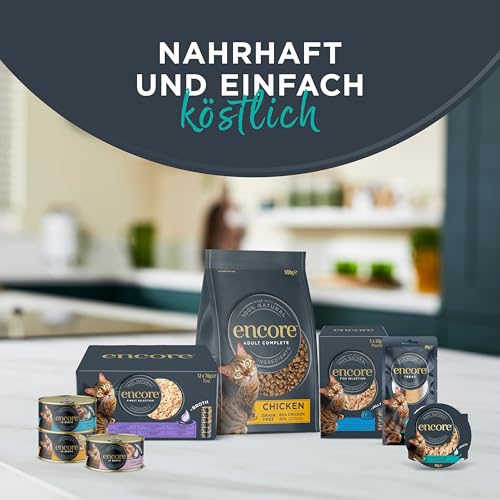 Encore 100% natürliches Premium Nassfutter für Katzen, Thunfischfilet mit Shrimps in Brühe für erwachsene Katzen - Packung mit 16 x 70g Dosen