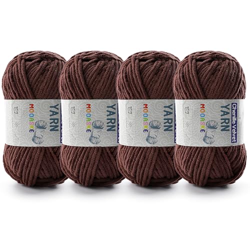 Image of 4 Pac Chenille Yarn for Crocheting - Blanket Yarn for Crocheting - Fluffy Yarn for Crochet, Baby Yarn for Crocheting Soft Blankets Weight Per Roll 50g /1.76oz, Length 60m /65yard (Dark Coffee)