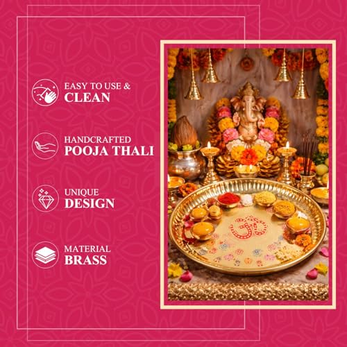 Image of Klassic Decorative Handicraft Flower Embossed Design Brass Om Pooja Thali /Plate | 6 Inch Size | Best for Home & Office Decoration & Gifting (Pack of 4, Golden)