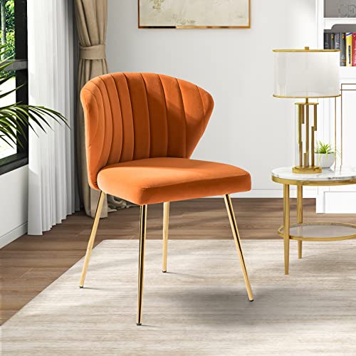 Hulala Home Velvet Dining Chairs, Modern Small Armless Accent Chair With Gold Metal Legs, Living Room Upholstered Cute Side Chair, Elegant Tufted Back Vanity Chair For Bedroom/Beauty Room-Orange #TOP12