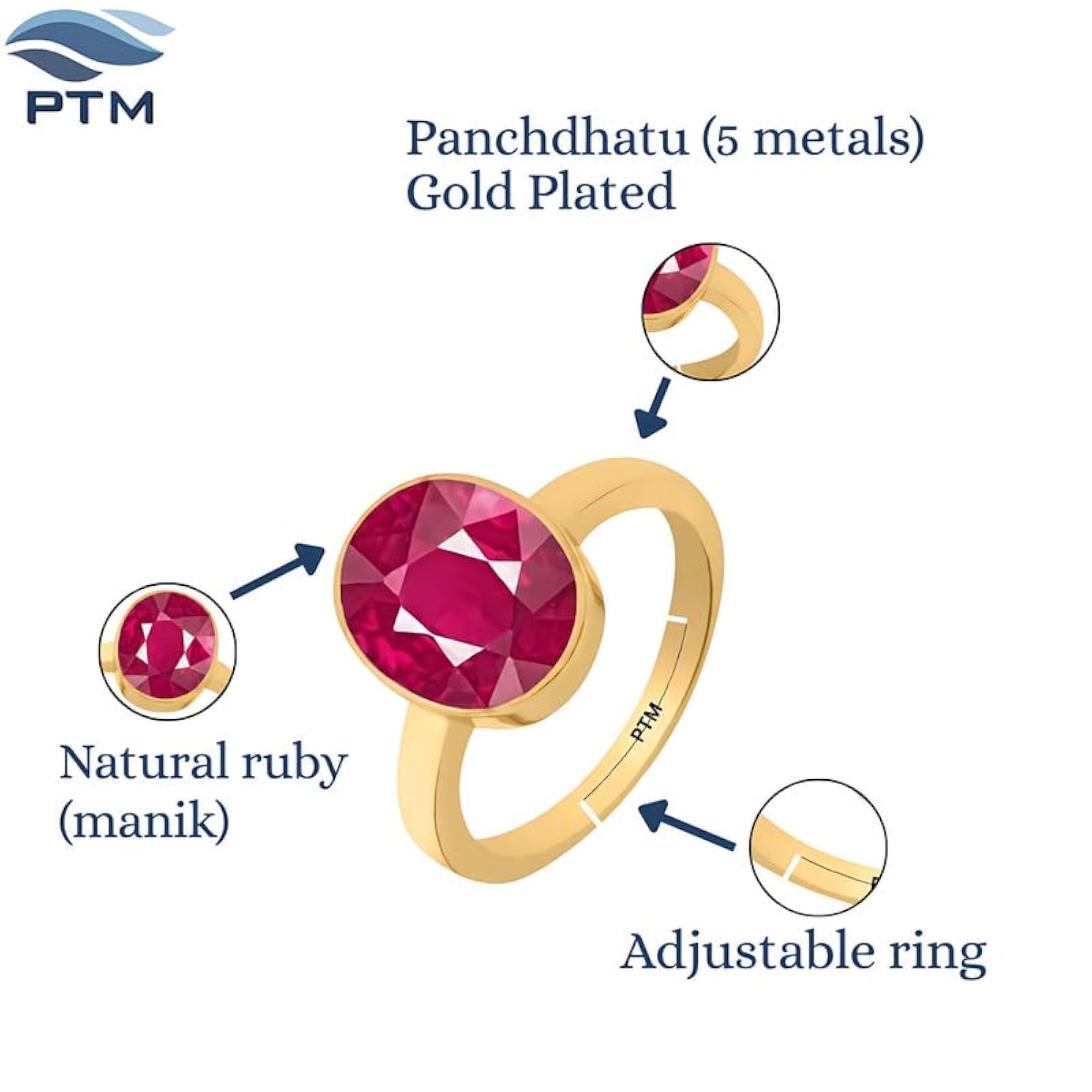 Men's Gold Plated Ruby Adjustable Ring, Astrological Gemstone