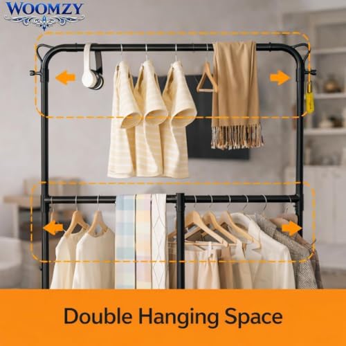 Image of WOOMZY Heavy-Duty Metal Hanger Stand for Clothes Hanging, Garment Stand Rack Clothe Storage Freestanding Cloth Hanging Stand for Bedroom, Entryway, Support for Side Back (Black-Round)