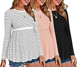 Ekouaer Maternity Shirts 3 Packs Tunic Long Sleeve Tops Pleated Casual Pregnancy Clothes Black/Pink/White L
