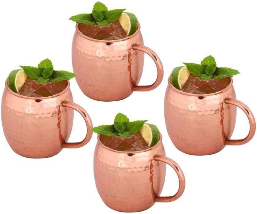 100% Authentic Copper Moscow Mule Mug with Copper Handle Copper Moscow Mule Mugs Cups Capacity 16 Oz Hammered Copper Handle set of 4
