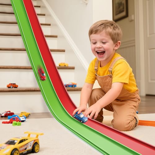 Flex Tracks 15 Ft Starter Set, Flexible Race Track for Kids 3+ with Strong Suction Cups, Flexible Car Track Race Car Ramp Track Compatible with 1/64 Diecast Cars, Portable Rolls Up Race Tracks
