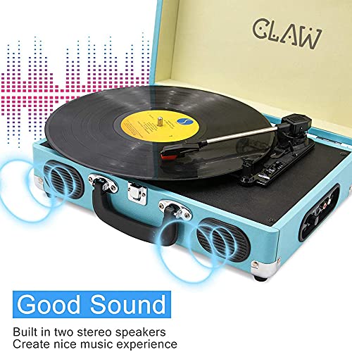 Image of Claw Stag Portable Vinyl Record Player Turntable with Built-in Stereo Speakers, Volume Control Knob, AUX Input and RCA Output, 78 RPM Speed, High Qualiy Diamond Stylus and Headphone Jack (Blue)