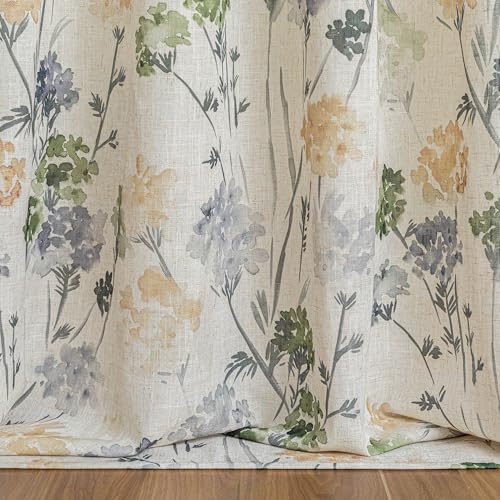 Image of MYSKY HOME Sage Green Floral Linen Spring Curtains 84 inch Long 2 Panels Set Semi Sheer Light Filtering Farmhouse Flower Pattern Grommet Top for Living Room Bedroom, 52 inch W Each Panel