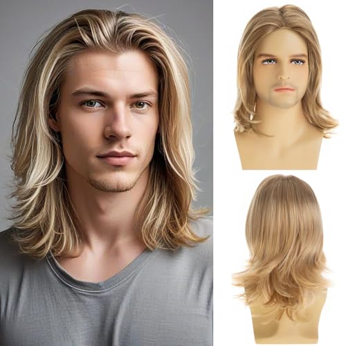RicHyun Mens Blonde Wig Short Layered Natural Synthetic Halloween Cosplay Costume Party Full Wigs