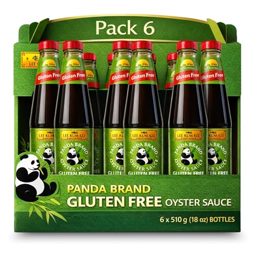 Salsa de ostras Panda Lee Kum Kee Sin Gluten, salsa Panda Oyster Sauce, sabor umami, Ideal para carnes, verduras y salteados, Libre de Gluten, Contiene 6 botellas de 510 g