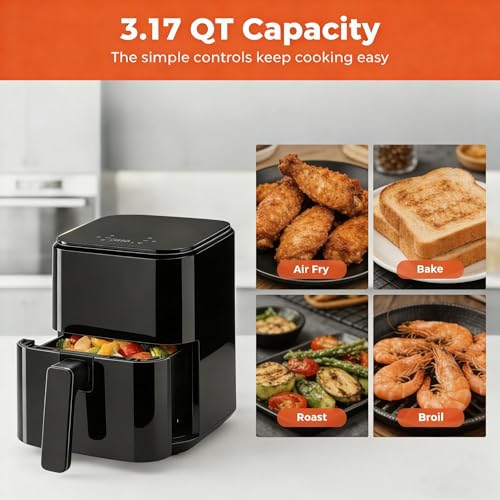 Image of HealSmart 3.17 Qt Compact Air Fryer, 8-in-1 Digital Small AirFryer with 400F, Nonstick Dishwasher-Safe Basket, Auto Shutoff, Overheat Protection, for Quick Healthy Meals, Black