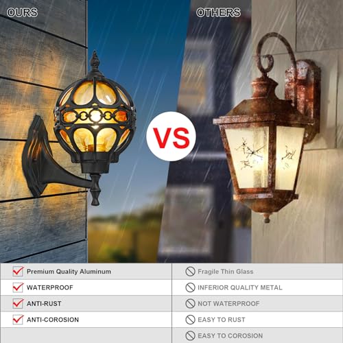 Outdoor Wall Lights, Black Globe Porch Light, Spherical Aluminum Exterior Lighting Fixtures for Patio Yard Doorway Garage, Anti-Rust Waterproof Globe Outside House Lantern Wall Mount with Amber Glass