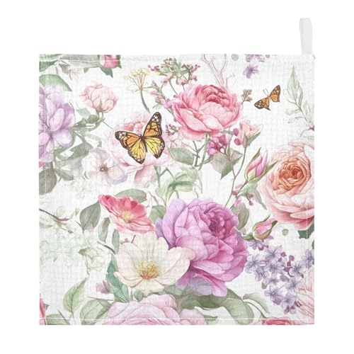 Image of Bolaz Baby Gauze Towels for Kids Soft Handkerchief Newborn 100% Cotton Pink Rose Flower Butterfly Green Leaves Absorbent 12x12 Inch 3 Pack