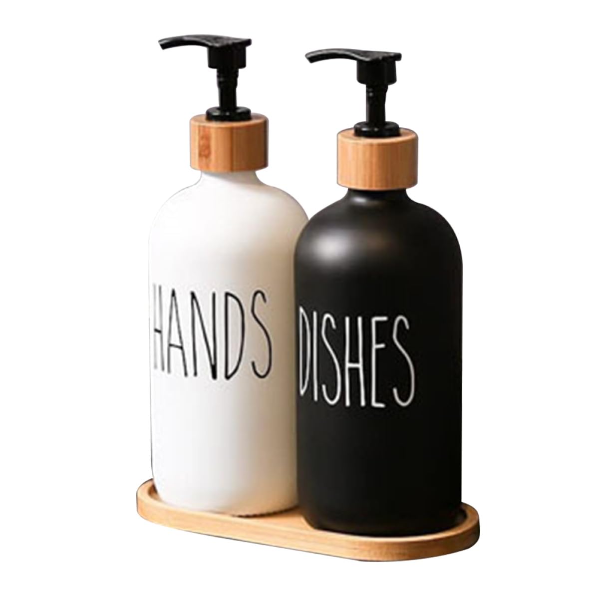 GARVALON Nachfüllbarer Seifenspender Matte Glasflaschen und Holztablett Inkl Pumpspender für Shampoo Conditioner und Flüssigseife Kompakt Langlebig für Bad und Reise
