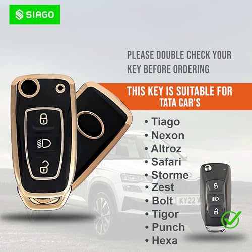 Image of SIAGO SIA350 TPU Key Cover and Metal Keychain Compatible for Tata Nexon | Altroz | Tiago | Punch | Harrier | Safari | Tigor 3 Button Flip Key Cover (Black Pack of 1)