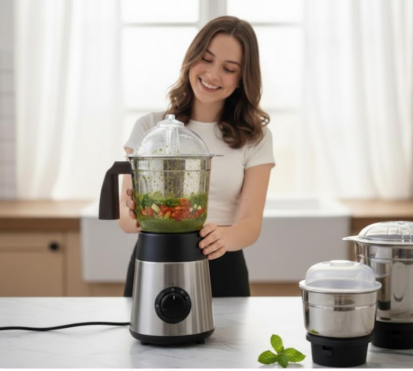 Image of Mixer Grinder Set with 3 Stainless Steel Jars - Multi-Purpose Kitchen Appliance for Efficient Food Processing and Blending