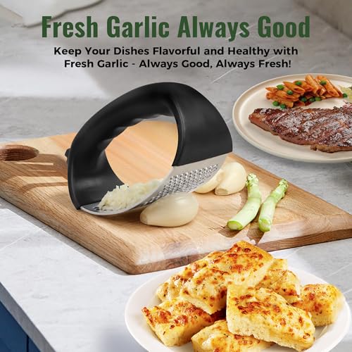 Garlic Press Rocker, Stainless Steel Garlic Mincer and Garlic Crusher, Easy-Squeeze Garlic Tool with Peeler and Cleaning Brush for Smashing Garlic - Image 6