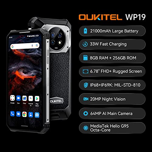 Oukitel Wp19 Rugged Smartphone Unlocked, 21000Mah Battery 8Gb 256Gb Android 12 Cell Phone, 64Mp Camera 20Mp Night Vision, 6.78" Fhd+ Rugged Phone, Waterproof Mobile Phone Unlocked 4G Dual Sim Otg Nfc #TOP4