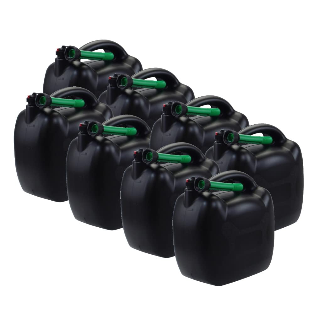 Lot de 8 bidons à essence en plastique noir 20 l avec tuyau de remplissage vert, homologué ONU