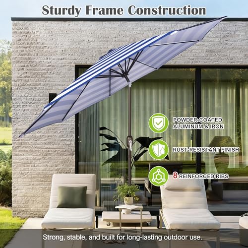 Image of Blissun 10FT Patio Umbrella, Outdoor Table Umbrella, Yard Umbrella, Market Umbrella with 8 Sturdy Ribs, Push Button Tilt and Crank, Blue & White