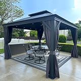 PURPLE LEAF 12' X 12' Permanent Hardtop Gazebo Aluminum Gazebo with Galvanized Steel Double Roof for Patio Lawn and Garden, Curtains and Netting Included, Grey