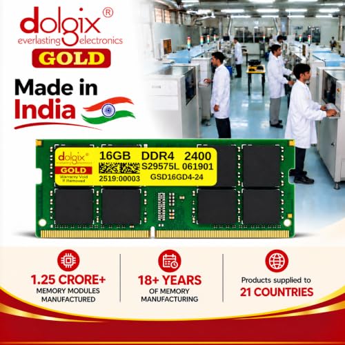 Image of Dolgix Gold 16GB DDR4 Laptop RAM 2400MHz | Notebook RAM CL-17 (Memory) (2Rx8 Dual Rank) SO-DIMM | PC4-19200 | 5 Year Warranty (Made in India)