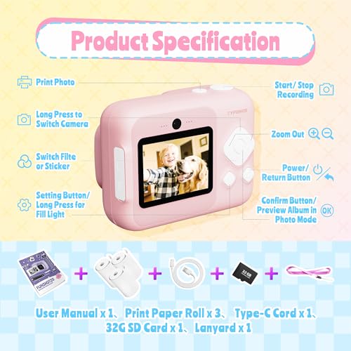 Image of Instant Print Camera for Kids, Christmas Birthday Gifts for Girls Boys Age 3-12, TYPONOS Kids Cameras, Portable Toy Camera for 3 4 5 6 7 8 9 10 Year Old Girl with 32GB SD Card, Pink
