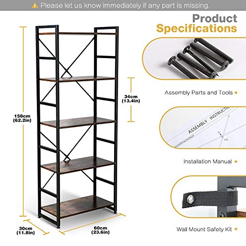 Haton Bookshelf, 5-Tier Wood Bookcase with Metal Frames, 5-Shelf Industrial Storage Shelf Organizer, Modern Tall Display Shelf Racks Open Wide Standing Shelving Unit for Home Office Study 62-inch - Thumbnail 5