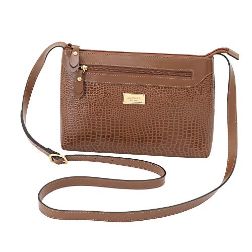 Bolsa Feminina Couro Legítimo Lezard Transversal Fechamento Zíper 2193 (Havana)