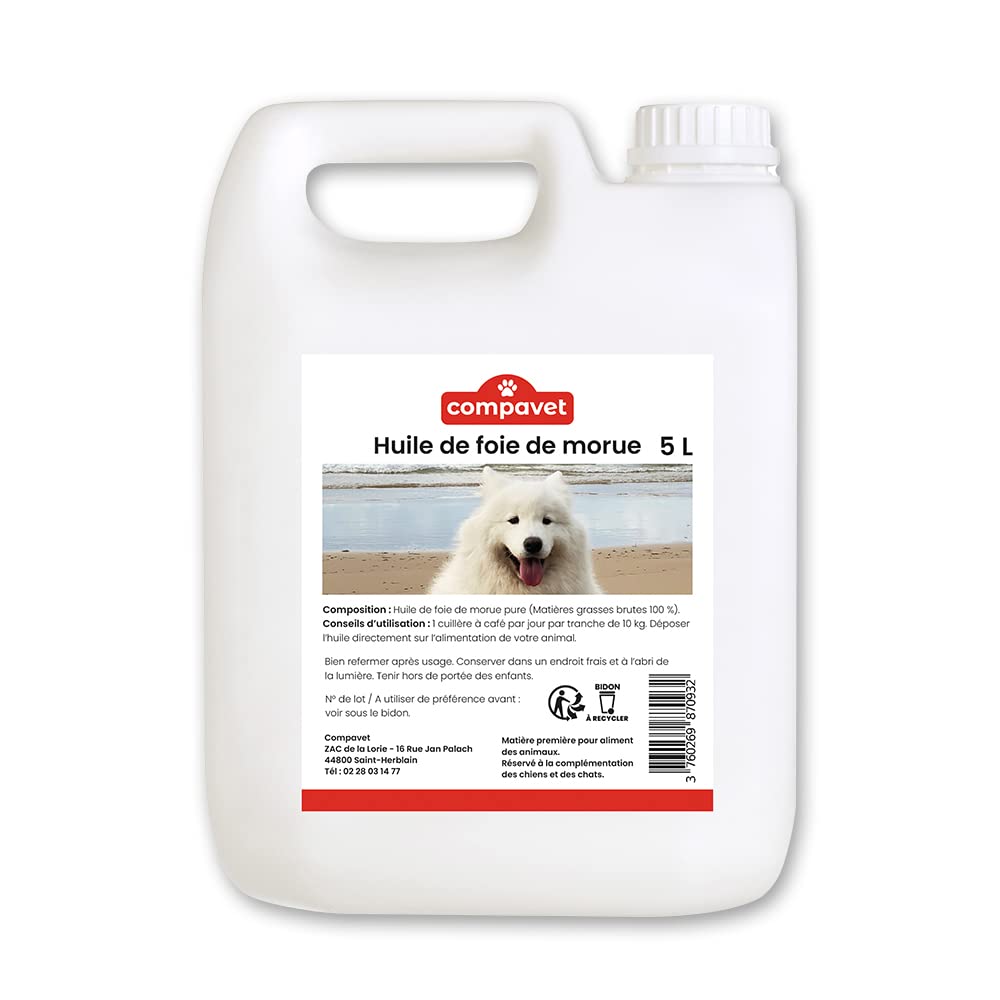 Huile de Foie de Morue 5 L - pour Chiens et Chats - Source de Vitamines A et D et d'Oméga 3 - Confort osseux et articulaire - Défenses immunitaires - Croissance - Développé en France