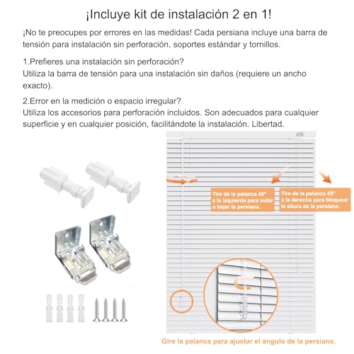 Miniatura 9 de Persianas Venecianas Aluminio Medida 25cm Lamas, Sin Taladrar Persiana Veneciana Interior, Personalizables 45cm 60cm 80cm 100cm 120cm 150cm Estores Horizontales Blackout Para Oficina Hogar White