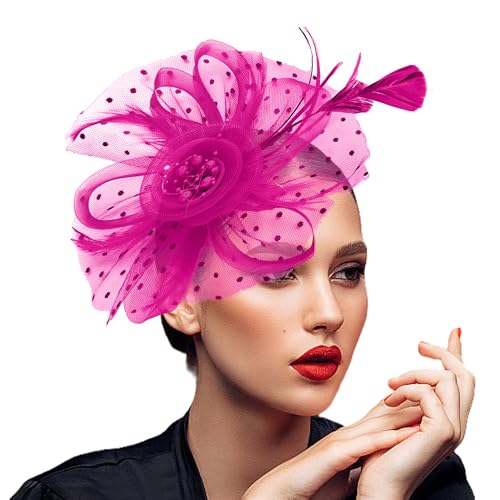 JUNBESTN Fascinators Hat Tea Party Headwear for Women Flower Mesh Ribbons Feathers Headband (US Alpha One Size One Size Hotpink)