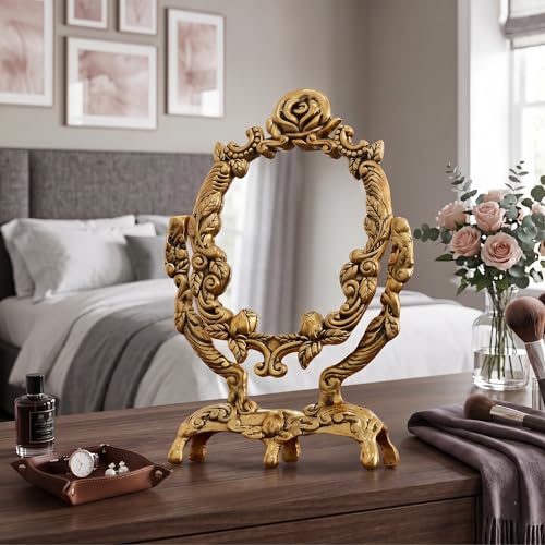 Image of KridayKraft Vintage Gold Rose Tabletop Makeup Mirror, Decorative Vanity Mirror with Ornate Floral Frame, 12-Inch Standing Mirror for Bedroom or Dressing Table