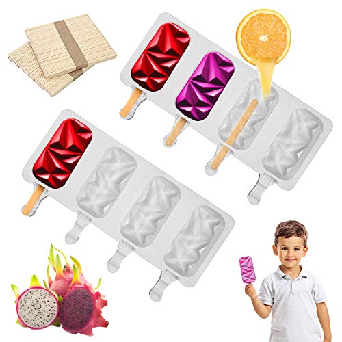 Silicone Popsicle Molds,Homemade Popsicle Molds Shapes,4 Cell Silicone Popsicle Mold,Popsicle Maker Ice Cream Mold with 100 Wooden Sticks for DIY Ice Cream 2 pack