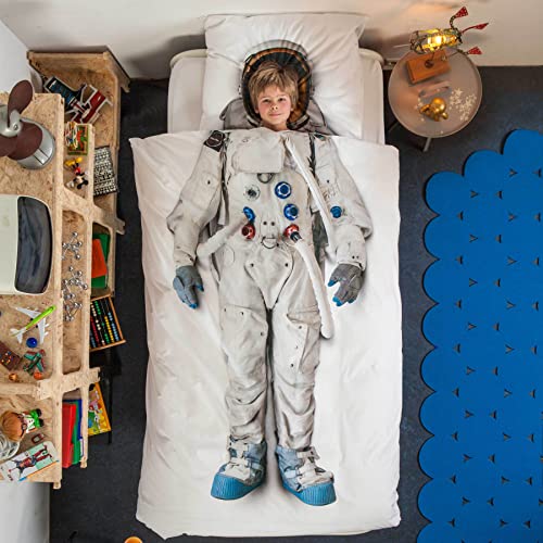 Snurk Parure Copripiumino e Federe con Stampa Astronauta Alta Definizione 100% Percalle di Cotone di Alta qualità, per Bambini e Bambine, Colore Bianco, Misura - Singolo 1555x220 Cm