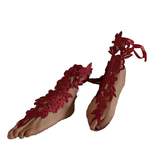Asphire Sexy Lace Embroidery Anklet with Toe Ring 2pcs Floral Bridal Barefoot Sandals Vintage Wedding Foot Ankle Slave Bracelet Prom Festival Foot Jewelry for Women (Red)