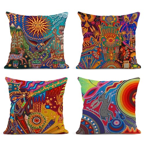 Sanwarm Throw Pillow Covers Home Decor Set of 4 Pillow Cases Decorative 18 x 18 Inches Outdoor Cushion Couch Sofa Pillowcases Colorful Boho Circle Doodle Ethnic Leaf