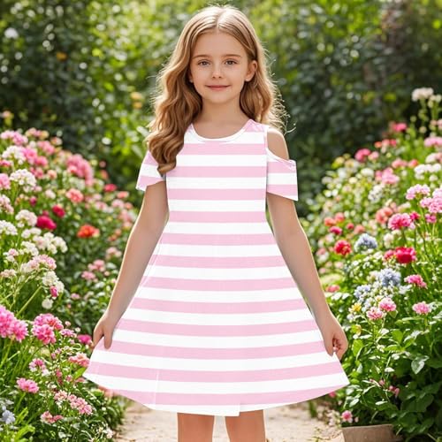 Girls Cold Shoulder Striped Dress Summer Short Sleeve Tshirt Dresses Swing Midi Sundress with Pockets4
