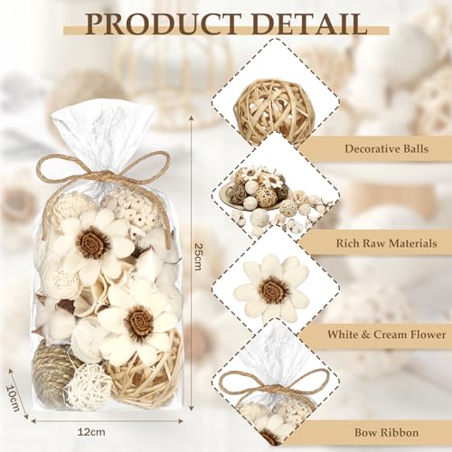Riceshoot 2 Pack Decorative Balls Potpourri Bowl Filler Decor Natural Vase Bowl Filler Assorted Spherical Rattan Twigs Wicker Balls Cotton for Home Centerpiece(White) - Thumbnail 2