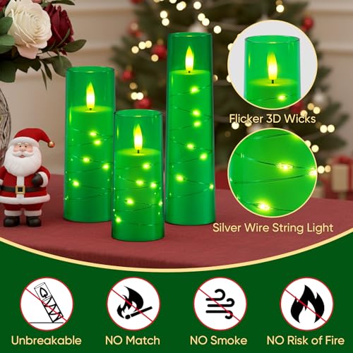 Image of Raycare St. Patrick's Day Flameless Candle with Remote Timer - 5 Flickering Acrylic Battery Operated LED Pillar Candles with Embedded Star String for Christmas, Home Decor, and as a Gift(Green)