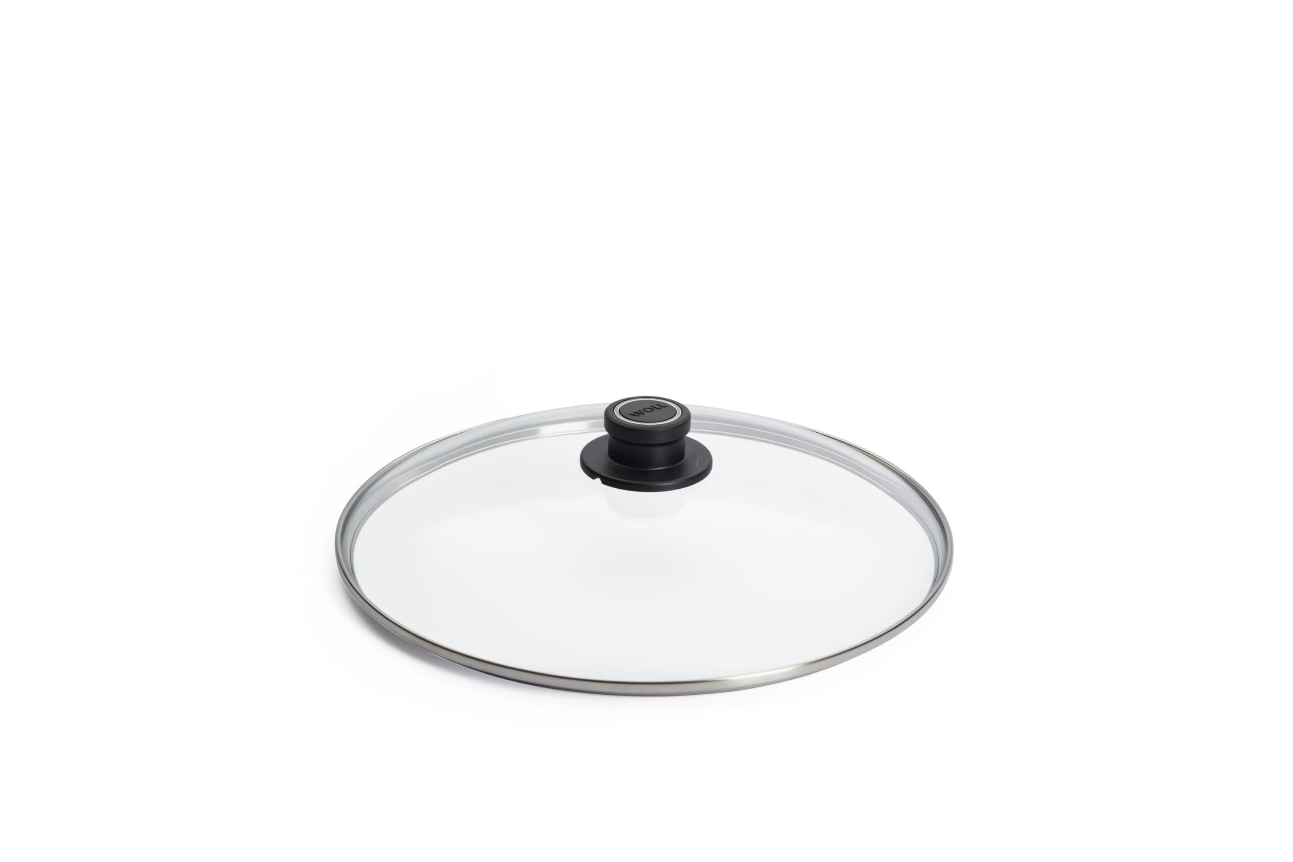 Woll Tempered Glass with Stainless Steel Rim and Vented Knob Round Lid, 12-Inch Diameter