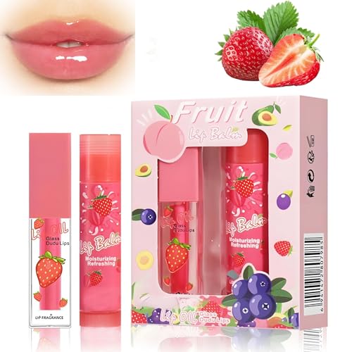 Image of Strawberry-Scented Lip Care Duo With Glossy Finish - Two 6ml Tubes Of Moisturising Balm And Shine-Enhancing Gloss For Women And Girls, Pink Fruit Gift Set For Daily Hydration, Smooth Texture &