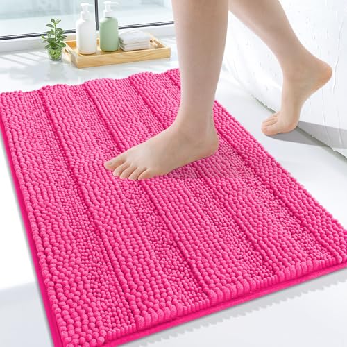 Grandaily Chenille Striped Bathroom Rugs 24x16 Extra Thick and Absorbent Bath Mats Non-Slip Soft Plush Shaggy Shower Carpet Machine Wash Dry Bath Rug for Bathroom (Small Deep Pink)